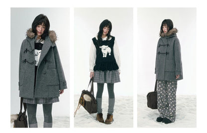 JOVYLLE - Gray Vintage Prep Detachable Faux-Fur Collar Wool Coat