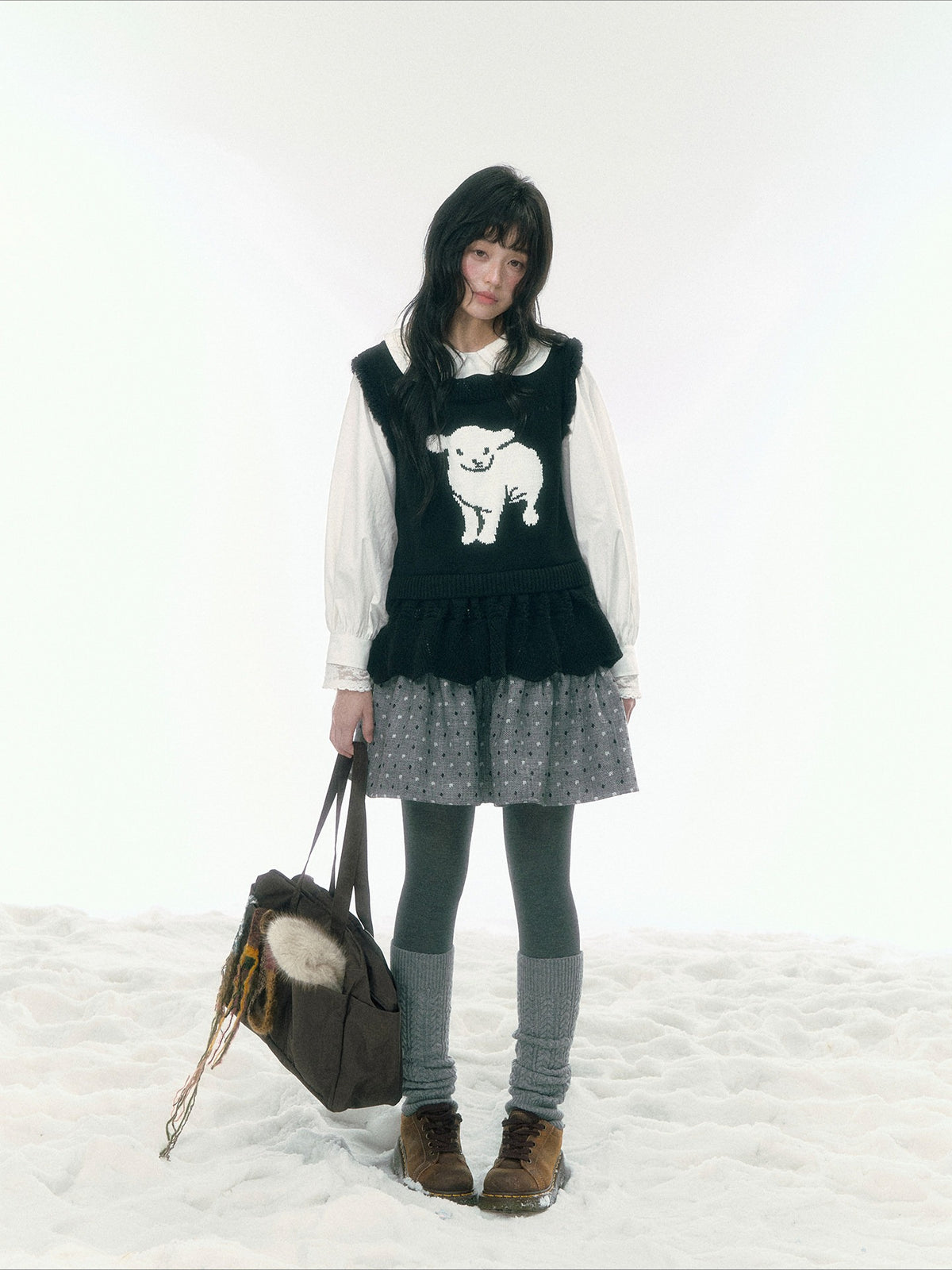 JOVYLLE - Gray Polka Dot Winter A-Line Mini Skirt