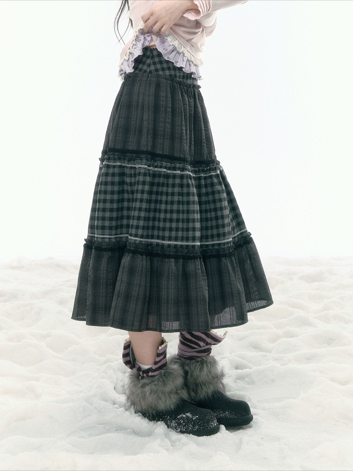 JOVYLLE - Gray Plaid Patchwork Vintage Fall-Winter Skirt