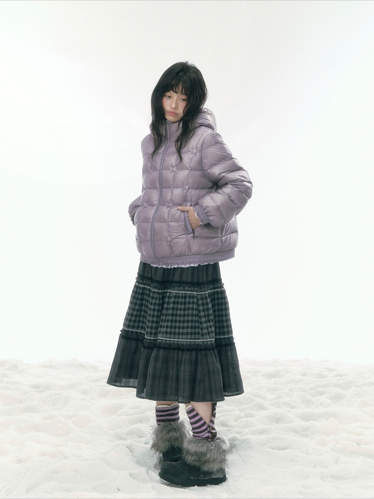 JOVYLLE - Gray Plaid Patchwork Vintage Fall-Winter Skirt