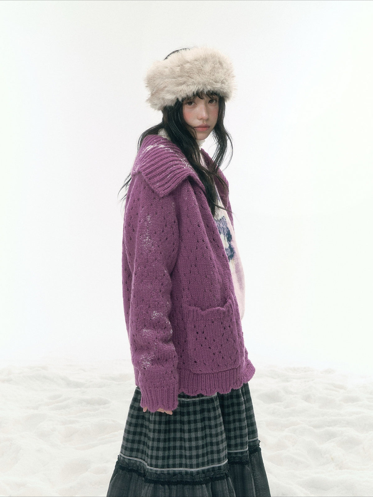 JOVYLLE - Chunky Wool-Blend Knit Cardigan (Berry Purple / Cream Ivory)