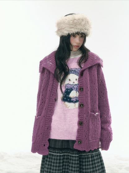JOVYLLE - Chunky Wool-Blend Knit Cardigan (Berry Purple / Cream Ivory)