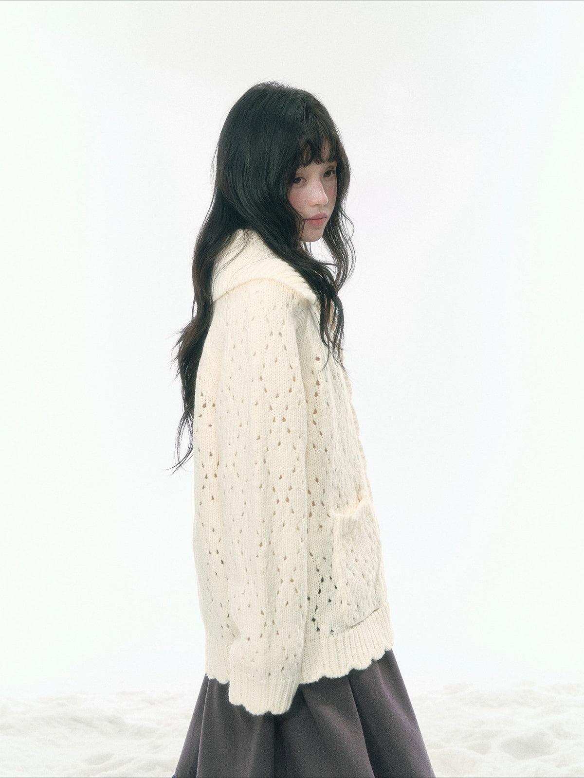 JOVYLLE - Chunky Wool-Blend Knit Cardigan (Berry Purple / Cream Ivory)