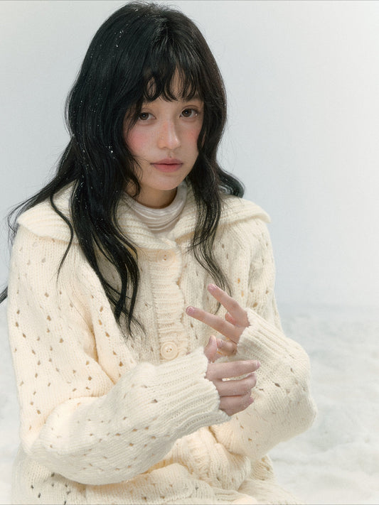 JOVYLLE - Chunky Wool-Blend Knit Cardigan (Berry Purple / Cream Ivory)