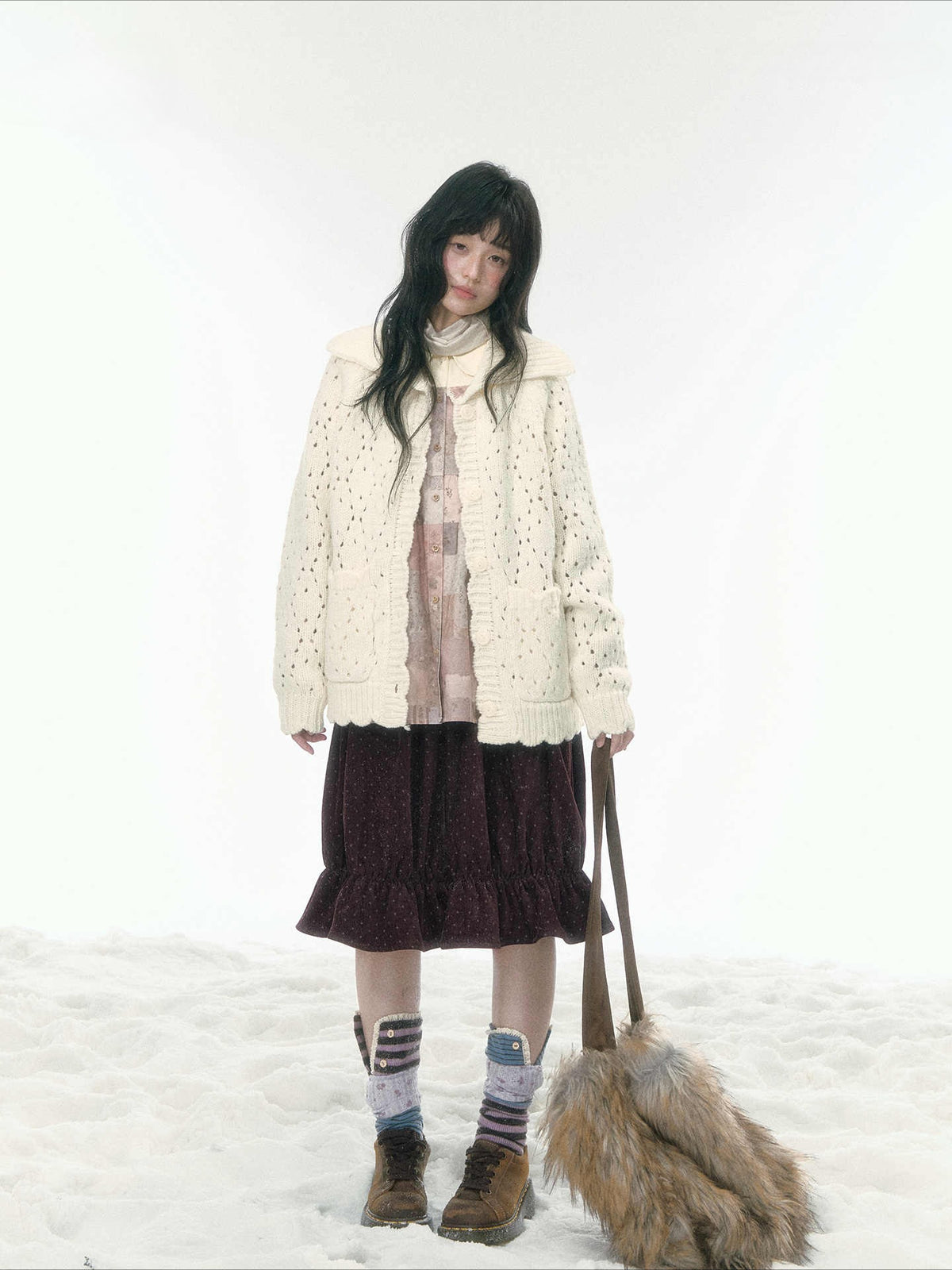 JOVYLLE - Chunky Wool-Blend Knit Cardigan (Berry Purple / Cream Ivory)