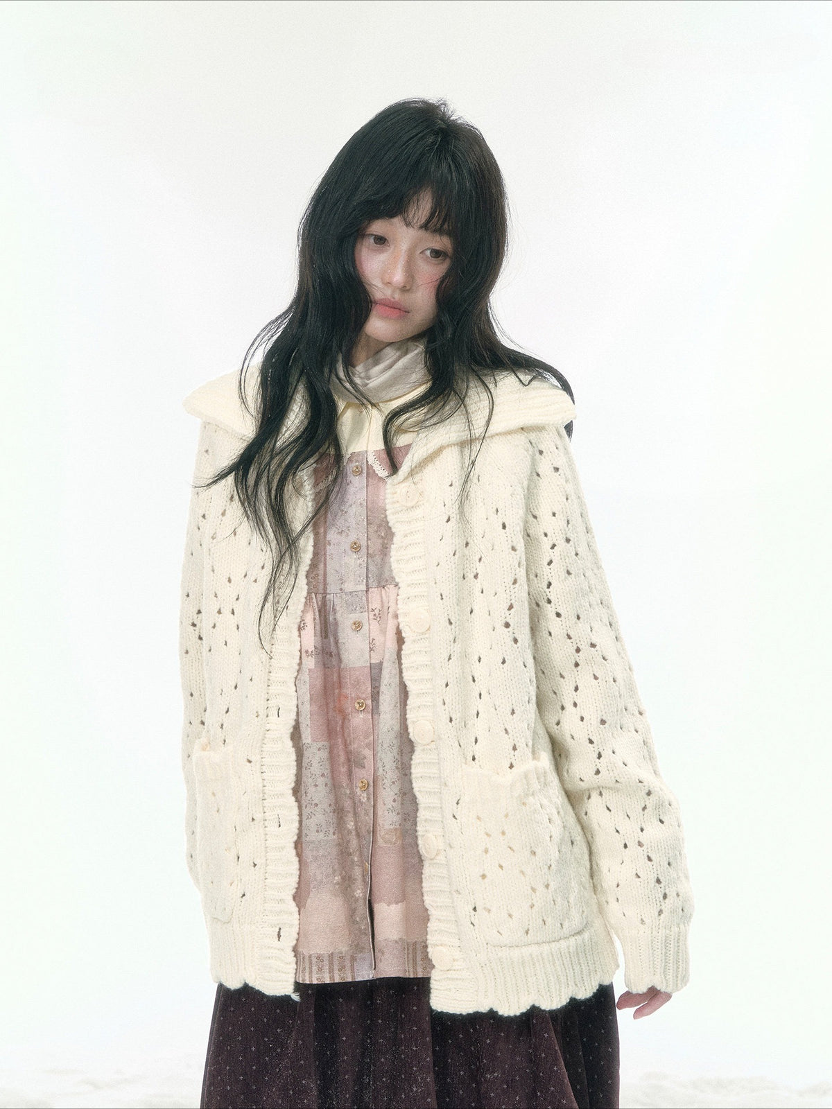 JOVYLLE - Chunky Wool-Blend Knit Cardigan (Berry Purple / Cream Ivory)