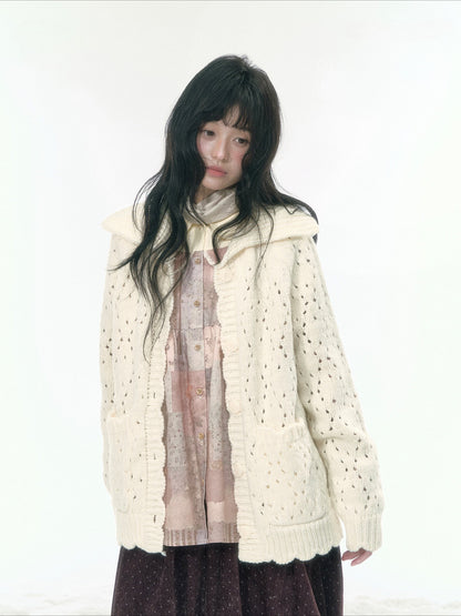 JOVYLLE - Chunky Wool-Blend Knit Cardigan (Berry Purple / Cream Ivory)