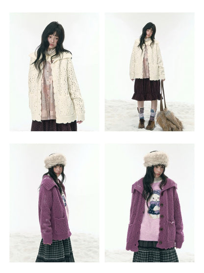 JOVYLLE - Chunky Wool-Blend Knit Cardigan (Berry Purple / Cream Ivory)