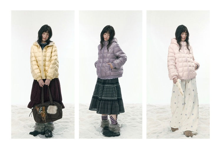 JOVYLLE - Color-Block Star Hooded Down Puffer Jacket (Purple / Pink / Mustard Yellow)