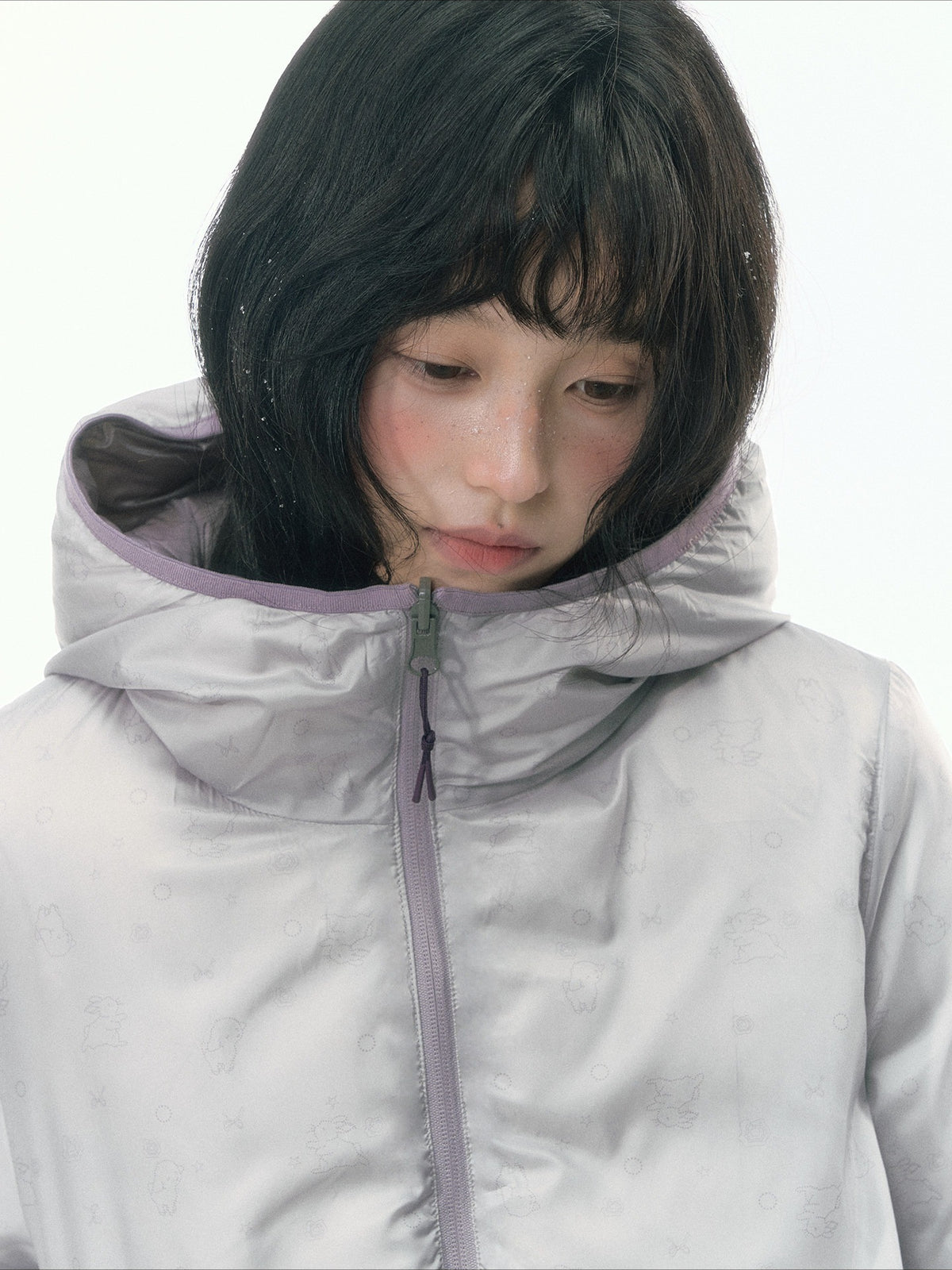 JOVYLLE - Color-Block Star Hooded Down Puffer Jacket (Purple / Pink / Mustard Yellow)