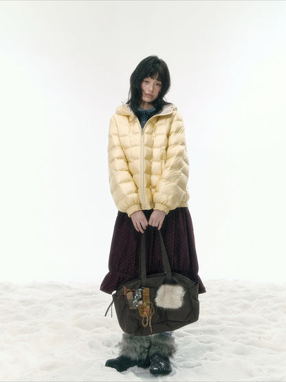 JOVYLLE - Color-Block Star Hooded Down Puffer Jacket (Purple / Pink / Mustard Yellow)