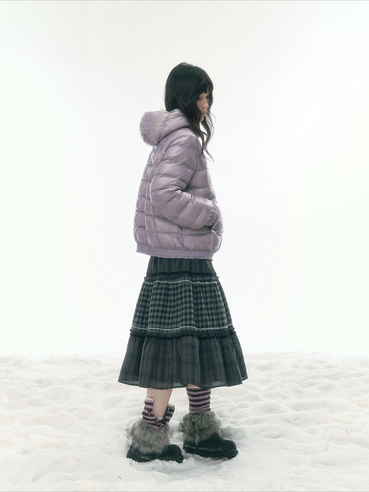 JOVYLLE - Color-Block Star Hooded Down Puffer Jacket (Purple / Pink / Mustard Yellow)