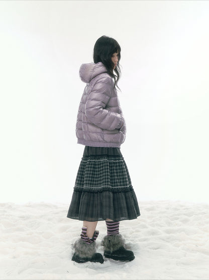 JOVYLLE - Color-Block Star Hooded Down Puffer Jacket (Purple / Pink / Mustard Yellow)