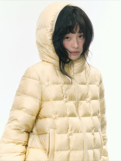 JOVYLLE - Color-Block Star Hooded Down Puffer Jacket (Purple / Pink / Mustard Yellow)