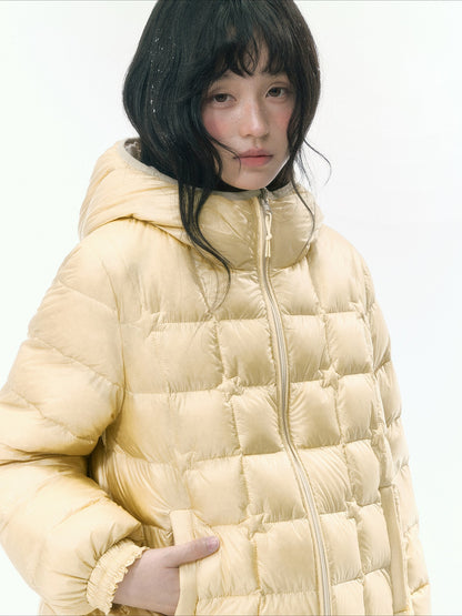 JOVYLLE - Color-Block Star Hooded Down Puffer Jacket (Purple / Pink / Mustard Yellow)