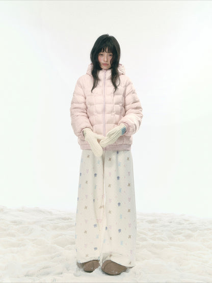 JOVYLLE - Color-Block Star Hooded Down Puffer Jacket (Purple / Pink / Mustard Yellow)