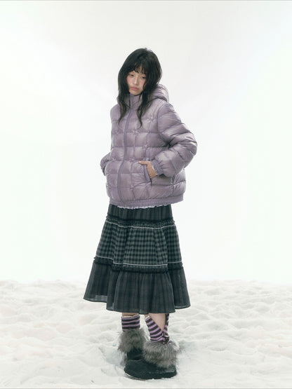 JOVYLLE - Color-Block Star Hooded Down Puffer Jacket (Purple / Pink / Mustard Yellow)