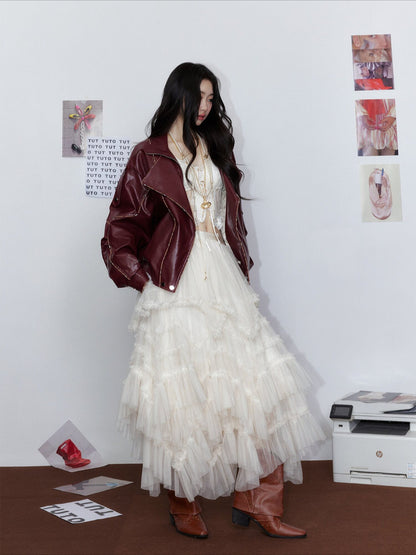 Angola Red Oversized Leather-Style Moto Jacket
