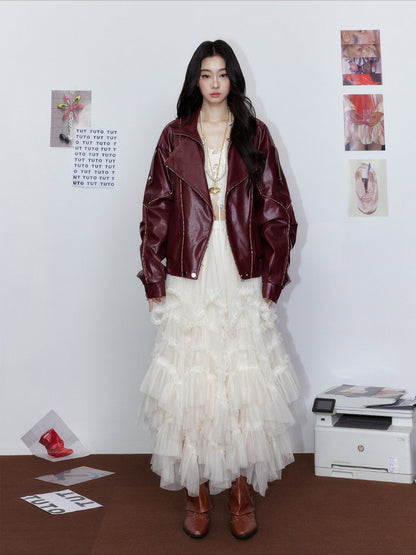 Angola Red Oversized Leather-Style Moto Jacket