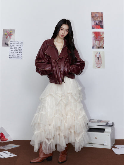 Elegant Beige Full-Length Voluminous Tulle Maxi Skirt