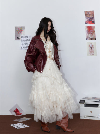 Elegant Beige Full-Length Voluminous Tulle Maxi Skirt