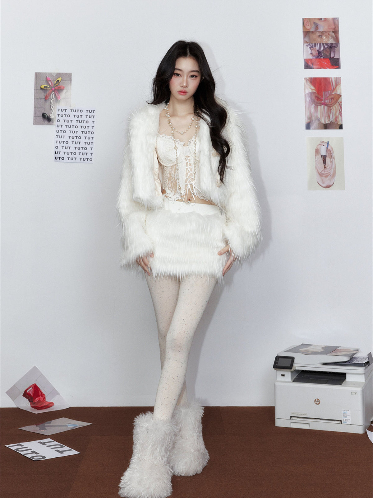 White Cloud Bear Faux Fur Jacket & Skirt Set