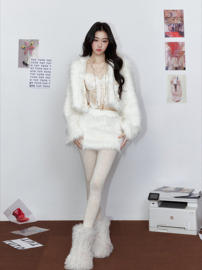 White Cloud Bear Faux Fur Jacket & Skirt Set