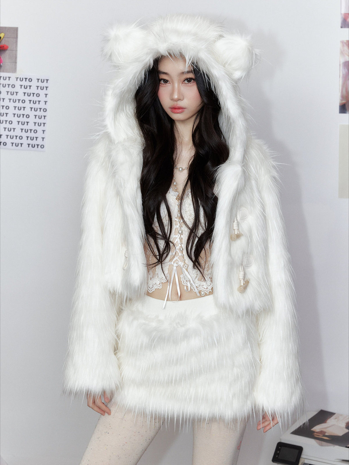 White Cloud Bear Faux Fur Jacket & Skirt Set