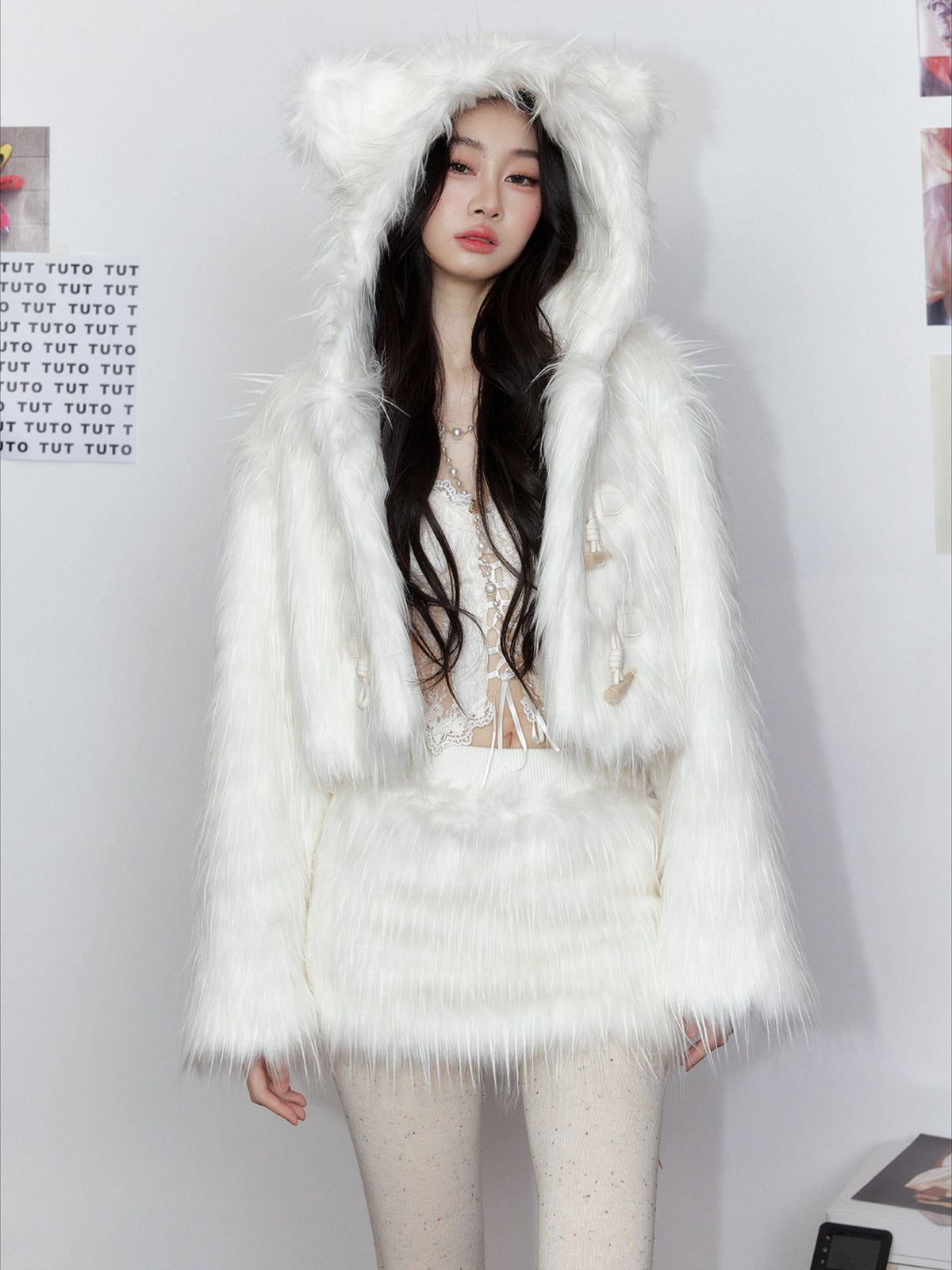 White Cloud Bear Faux Fur Jacket & Skirt Set
