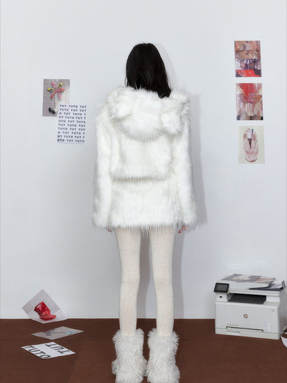 White Cloud Bear Faux Fur Jacket & Skirt Set