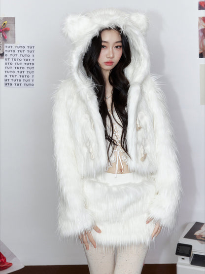 White Cloud Bear Faux Fur Jacket & Skirt Set