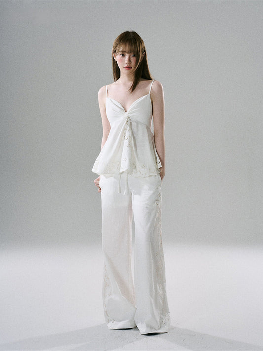 LOST FOREST - White Embroidered Linen-Blend Camisole & Wide-Leg Pants Set