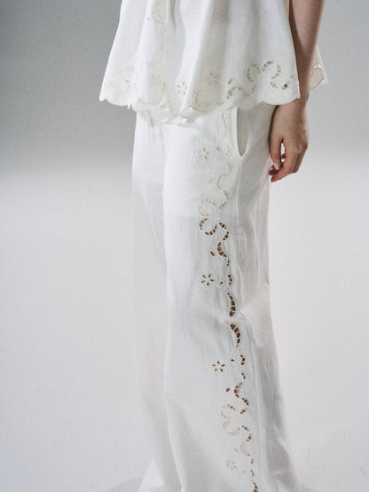 LOST FOREST - White Embroidered Linen-Blend Camisole & Wide-Leg Pants Set