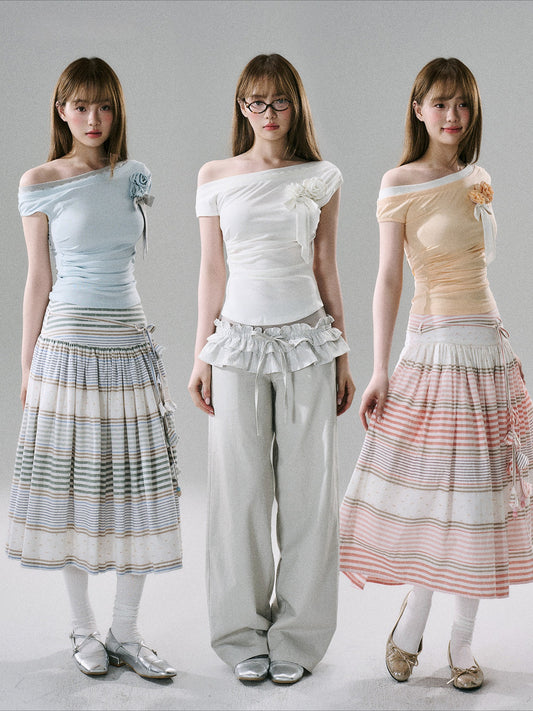 LOST FOREST - Floral One-Shoulder Lace-Trim Fitted T-Shirt (Pure White / Blue Gray / Orange White)