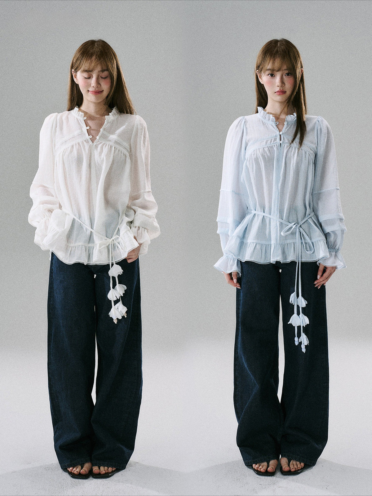 LOST FOREST - Acetate Flower Belt Detail Relaxed Top (White / Blue)