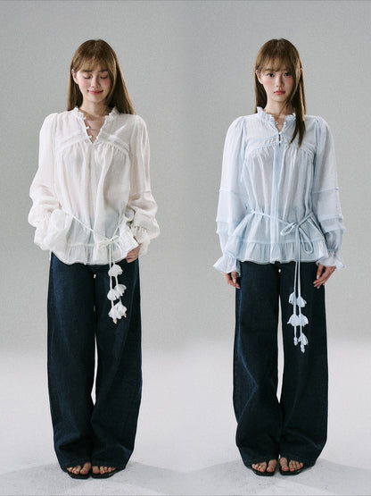 LOST FOREST - Acetate Flower Belt Detail Relaxed Top (White / Blue)