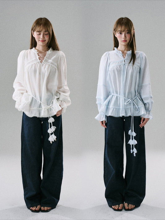 LOST FOREST - Acetate Flower Belt Detail Relaxed Top (White / Blue)