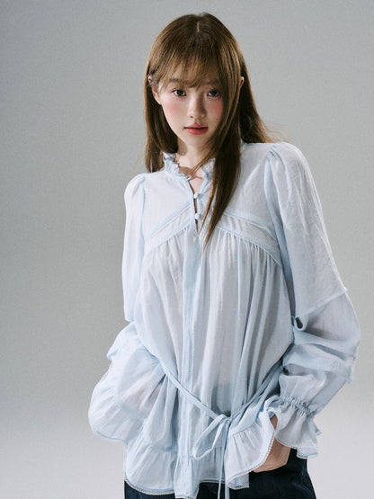 LOST FOREST - Acetate Flower Belt Detail Relaxed Top (White / Blue)
