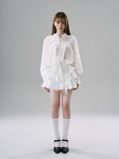 LOST FOREST - Acetate Flower Belt Detail Relaxed Top (White / Blue)