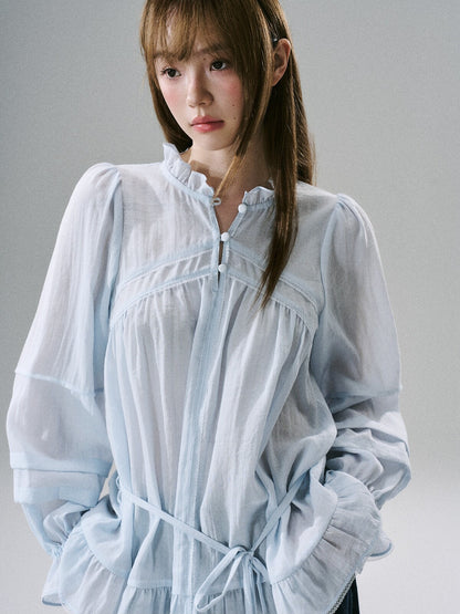 LOST FOREST - Acetate Flower Belt Detail Relaxed Top (White / Blue)
