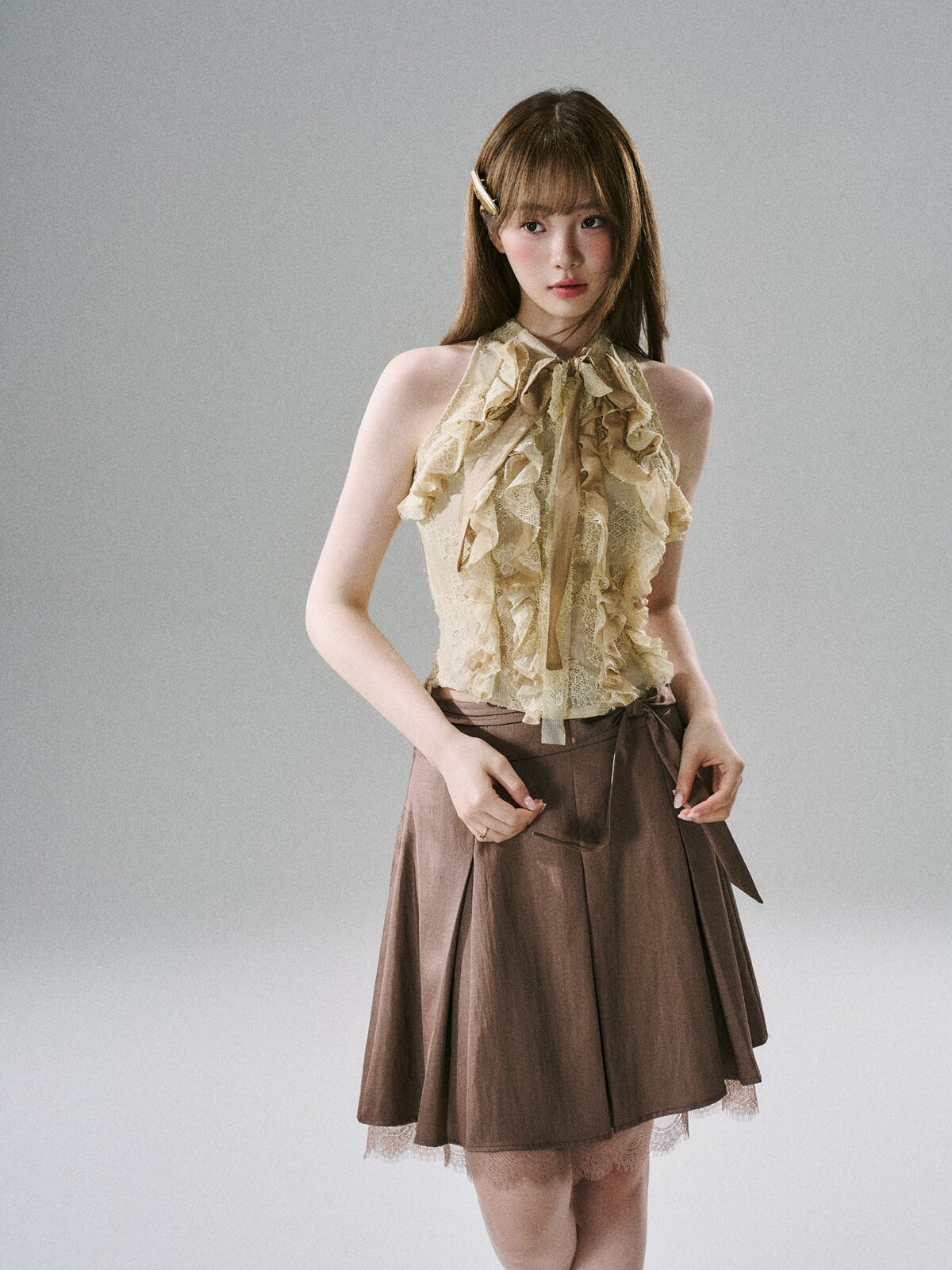 LOST FOREST - Warm Gold Acetate Lace Ruffle Halter Top