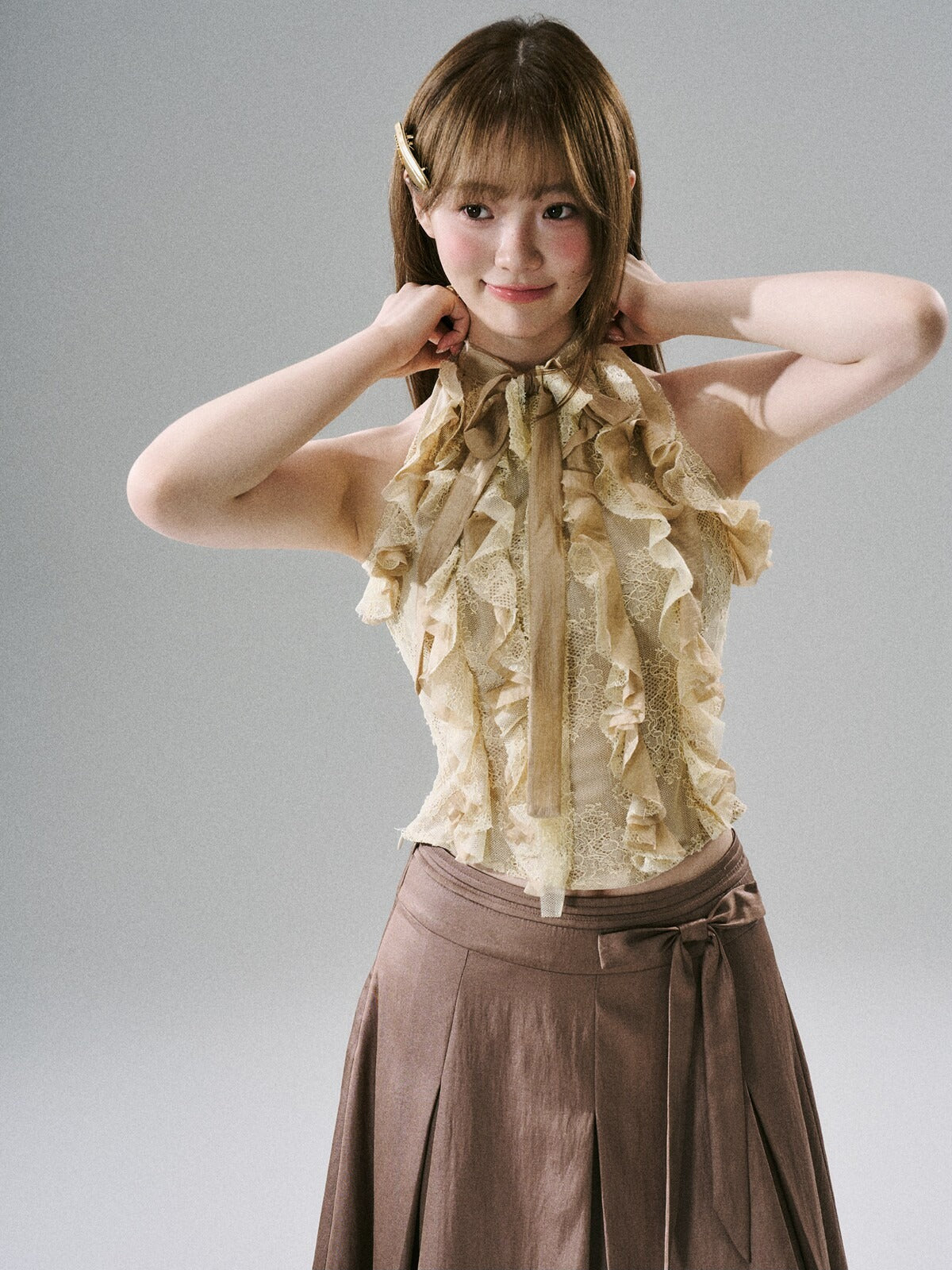 LOST FOREST - Warm Gold Acetate Lace Ruffle Halter Top