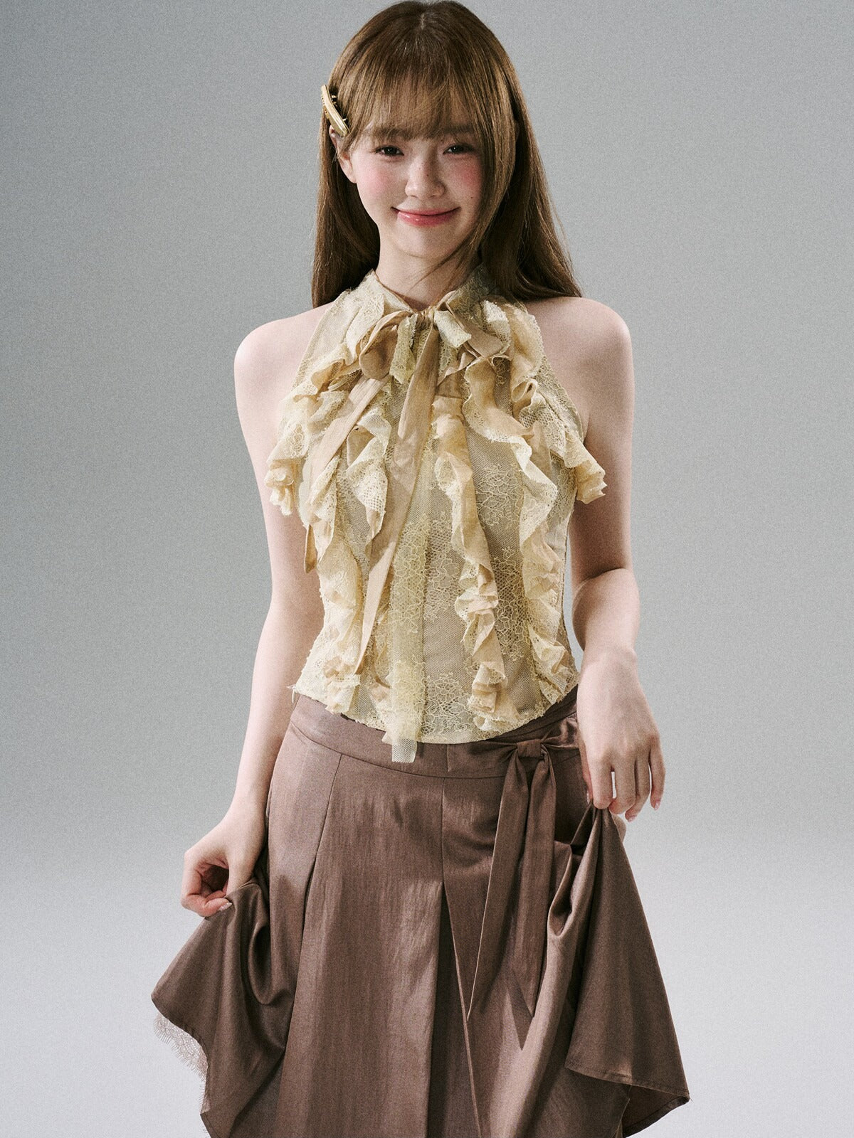 LOST FOREST - Warm Gold Acetate Lace Ruffle Halter Top