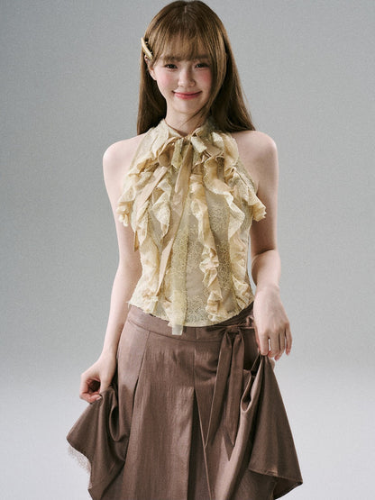 LOST FOREST - Warm Gold Acetate Lace Ruffle Halter Top