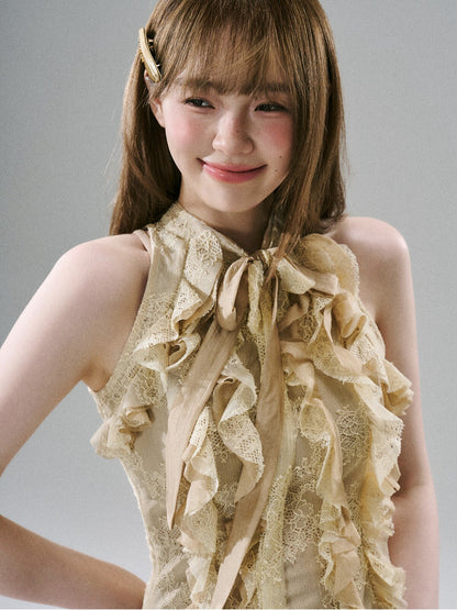 LOST FOREST - Warm Gold Acetate Lace Ruffle Halter Top