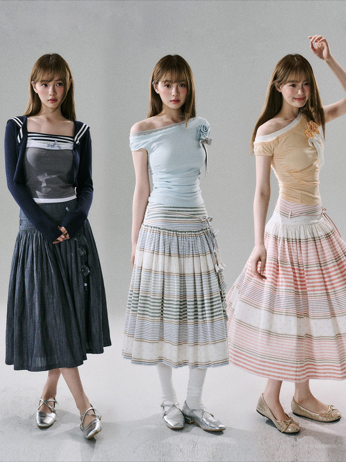 LOST FOREST - Flower Belt Striped Midi Dress (Natural Hemp / Blue Stripe / Orange Stripe)