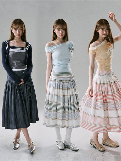 LOST FOREST - Flower Belt Striped Midi Dress (Natural Hemp / Blue Stripe / Orange Stripe)