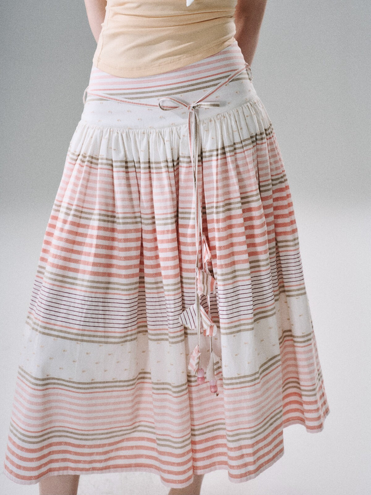 LOST FOREST - Flower Belt Striped Midi Dress (Natural Hemp / Blue Stripe / Orange Stripe)