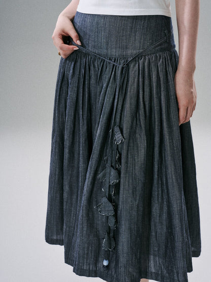 LOST FOREST - Flower Belt Striped Midi Dress (Natural Hemp / Blue Stripe / Orange Stripe)