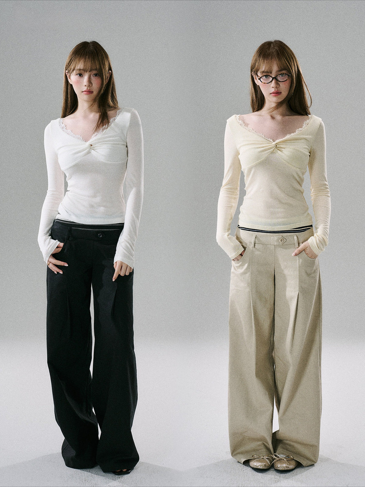 LOST FOREST - Lace Twist-Font Fitted Top (Cream White / Goose Yellow)
